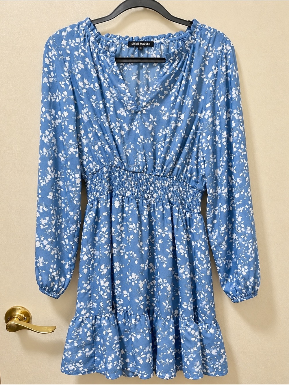 Steve Madden Light Blue Floral Smocked-Waist Long Sleeve Dress